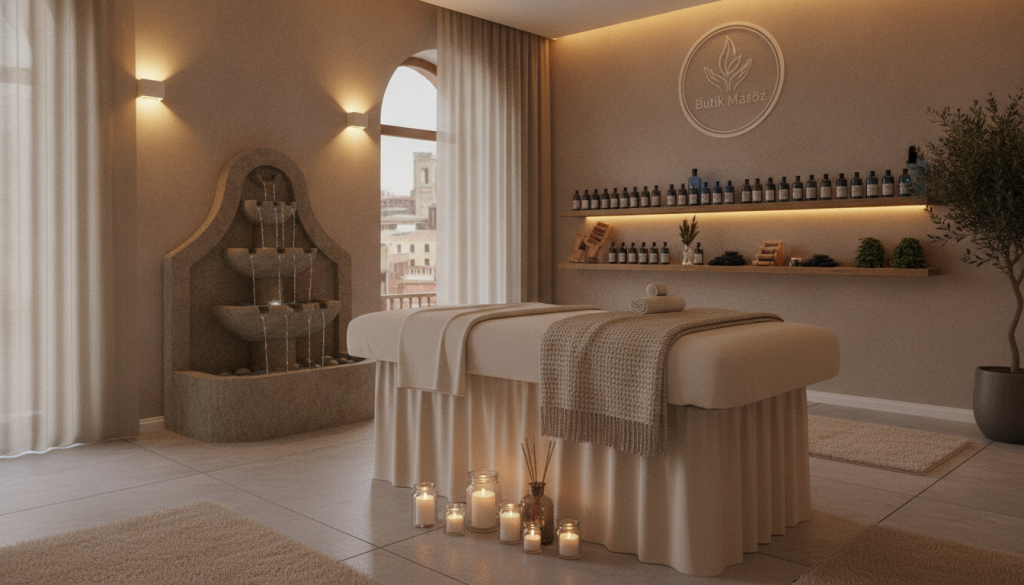 A serene interior of a professional massage salon named "Butik Masöz" in Istanbul. The foreground features a comfortable massage bed, elegantly draped with soft sheets and surrounded by calming aromatherapy candles. In the middle ground, a soothing water feature softly trickles, adding to the tranquil ambiance. The background includes neatly arranged shelves with essential oils and various massage tools, reflecting professionalism and care. The lighting is warm and inviting, creating a relaxed atmosphere, captured from a slight angle to emphasize depth and detail. The overall mood is peaceful and welcoming, perfect for individuals seeking relaxation and careful selection of wellness services.