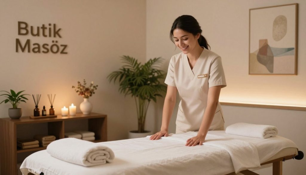 A serene, inviting massage therapy room, featuring soft ambient lighting that creates a tranquil atmosphere. In the foreground, a professionally attired masöz with a friendly smile, demonstrating expertise and warmth, is preparing a massage table adorned with fresh linen. The middle ground showcases elegant decor, including soothing plants and essential oil diffusers, symbolizing high-quality services. The background includes a softly lit, calming color palette with subtle art pieces that evoke relaxation. The overall mood conveys a sense of professionalism and quality service, perfect for those seeking massage therapy in Istanbul. Include a subtle branding element with the name "Butik Masöz" displayed discreetly in the room decor, making sure to reflect a focus on service excellence and customer care tailored for discerning clientele.