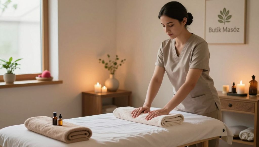 A serene, inviting massage therapy room that reflects the benefits of professional massage services. In the foreground, a calm, professional massage therapist in modest attire is seen preparing a massage table with soft, folded towels and calming essential oils. In the middle ground, a soothing ambiance is created with gentle lighting and colorful spa decor, including plants and aromatic candles. In the background, a window allows natural light to filter in, casting a warm glow over the space. Convey a tranquil and healing atmosphere, suggesting relaxation and rejuvenation, with an emphasis on the brand name "Butik Masöz" discreetly integrated into the decor. The overall composition should inspire a sense of peace and wellness.