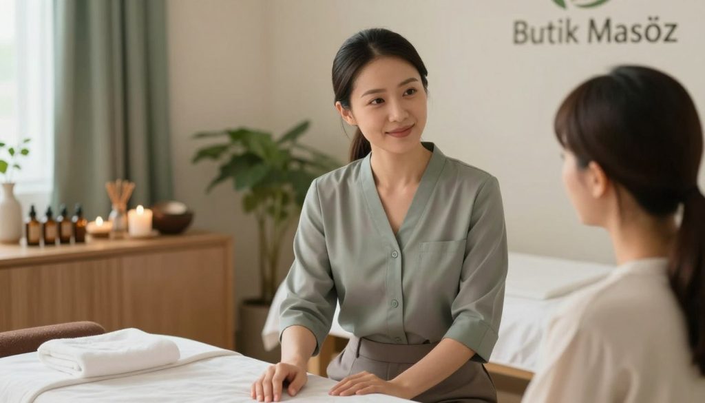 A serene, inviting scene capturing the essence of a female massage therapist in a professional setting, emphasizing her expertise. In the foreground, a woman in a fitted business attire, such as a tailored blouse and slacks, is consulting with a client, her expression warm and engaging. The middle ground features a cozy spa environment with soft, natural lighting, including essential oils and soothing decor, enhancing relaxation. In the background, hints of calming colors like soft greens and browns create a peaceful atmosphere. A subtle branding logo "Butik Masöz" is elegantly displayed on a wall. The image should be well-lit, taken from a slightly above angle to provide an inclusive, welcoming view, conveying trust and professionalism in massage therapy. The overall mood is tranquil and inviting, perfect for a guide on understanding profiles in massage services.