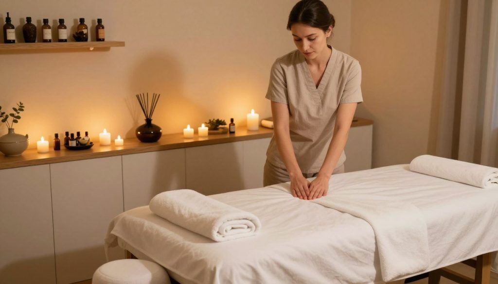 A serene massage preparation scene in a cozy, upscale spa space. In the foreground, a neatly arranged massage table with crisp white sheets and soft towels, exuding tranquility. Middle ground features a professional masseuse in modest casual attire, adjusting ambient candles and essential oil diffusers, creating a calming atmosphere. The background includes softly lit shelves displaying aromatic oils and herbal teas, enhancing the soothing vibe. Warm golden lighting bathes the room, casting gentle shadows that inspire relaxation. The overall mood is peaceful and welcoming, embodying the essence of preparation for a rejuvenating massage experience. Prominently displayed in the setting are the brand elements of "Butik Masöz," subtly integrated into the decor.