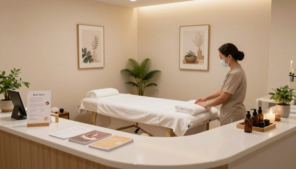 A serene massage salon interior showcasing hygiene standards and professional therapist selection criteria. In the foreground, a well-organized reception area featuring a clean counter with informational brochures. In the middle, a massage room displaying a neatly made treatment table, fresh towels, and essential oils, emphasizing cleanliness. The background includes calming decor with soft lighting, plants, and relaxing artwork, creating a tranquil atmosphere. Use warm, inviting colors to evoke a feeling of calm and relaxation. Include a professional therapist in modest attire, demonstrating professionalism and approachability. The brand name "Butik Masöz" subtly integrated into the decor without being dominant. Aim for a wide-angle shot to capture the full ambiance of the space.