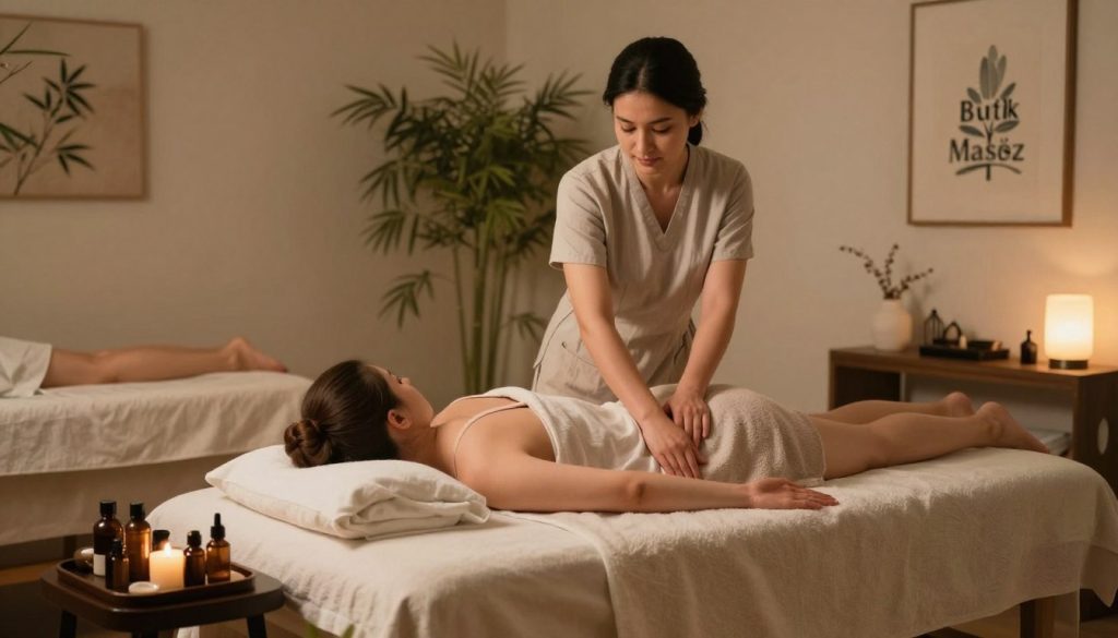 A serene massage salon interior showcasing the physical benefits of massage therapy. In the foreground, a peaceful massage table with soft, calming linens and essential oil bottles carefully arranged on a small table beside it. The middle ground features a professional masseuse in modest, casual attire, applying gentle techniques on a relaxed client, who is dressed in a comfortable tank top and shorts. The background highlights tranquil decor, such as bamboo plants, soft lighting from warm lamps, and soothing art pieces. The lighting is warm and inviting, creating a relaxing atmosphere. A subtle brand logo of "Butik Masöz" is on the wall, harmonizing with the ambiance. The image conveys wellness, relaxation, and the healing aspects of massage therapy.