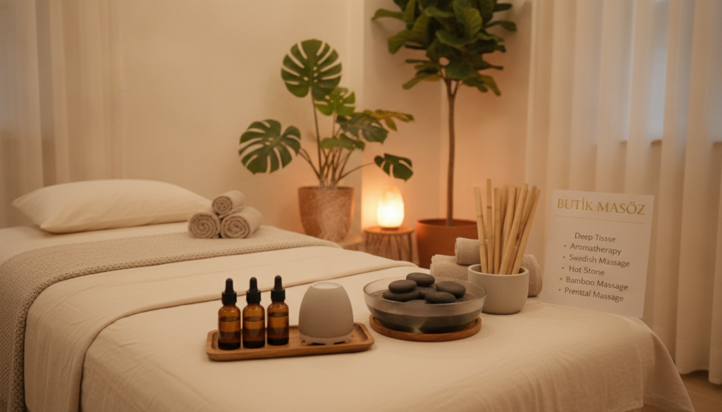 A serene massage therapy room designed for relaxation, showcasing different types of massage therapy options available at "Butik Masöz." In the foreground, a comfortable massage table draped with soft linens and surrounded by soothing essential oils. In the middle ground, a variety of massage tools such as hot stones and bamboo sticks, hinting at various techniques like deep tissue, aromatherapy, and Swedish massage. The background features calming decor, including potted plants and soft ambient lighting that casts warm hues, creating a tranquil atmosphere. The scene is captured with a gentle focus, emphasizing the calming details, evoking a sense of peace and wellness.