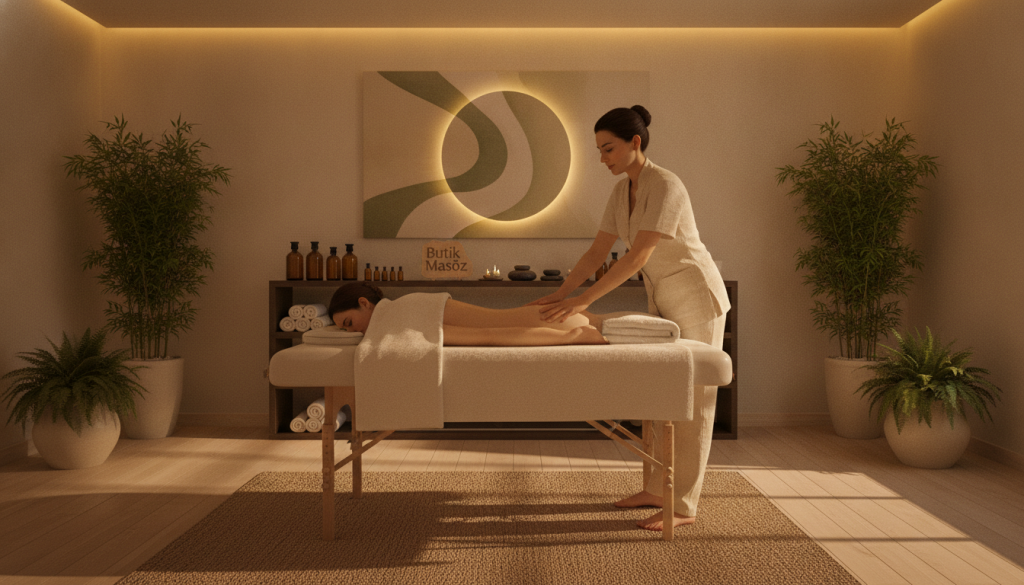 A serene massage therapy scene showcasing professional massage techniques. In the foreground, a skilled massage therapist in modest, professional attire applies soothing techniques to a client lying on a massage table, surrounded by calming elements. The therapist has a focused expression, reflecting expertise and care. In the middle ground, soft, warm lighting enhances the ambiance, casting gentle shadows that create a relaxing atmosphere. Essential oils and towels are neatly arranged on a nearby shelf, suggesting a well-organized space. The background features soothing, neutral-toned art and plants that promote tranquility. The overall mood is serene and professional, embodying the essence of relaxation. The brand name "Butik Masöz" subtly incorporated in the decor, without any text overlays.
