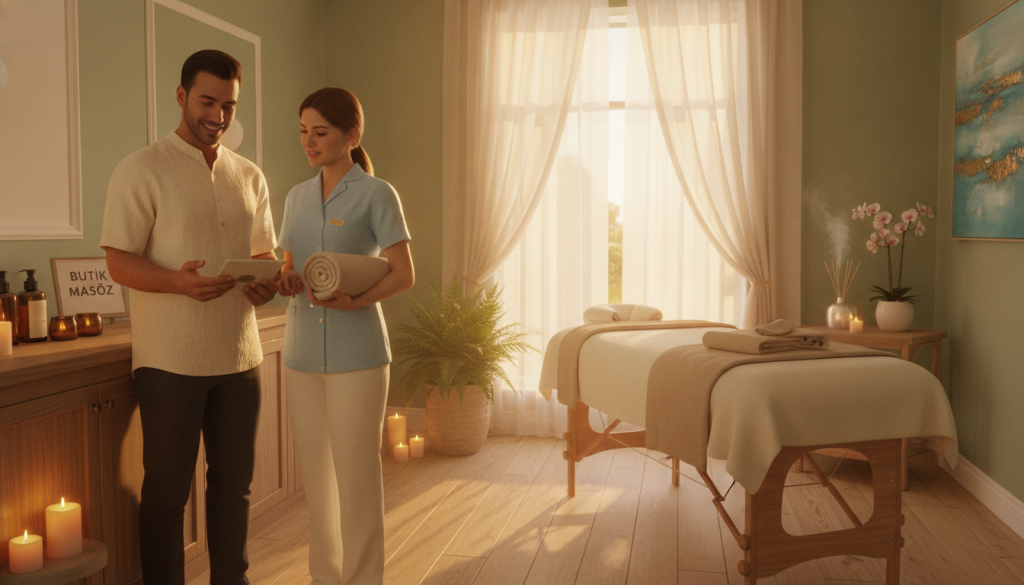 A serene spa and massage therapy selection scene, showcasing a tranquil and welcoming atmosphere. In the foreground, two professional therapists—one male and one female—are engaged in a discussion about services offered, dressed in smart casual attire. The middle ground features a beautifully arranged treatment room with soothing colors, fragrant candles, and soft towels. In the background, a window lets in warm, natural light, illuminating the peaceful decor with plants and calming art. The space embodies relaxation and professionalism, reflecting the essence of "Butik Masöz". Focus on a cozy, inviting mood that emphasizes choice and comfort in therapist selection, shot at a soft angle that enhances the warmth of the environment.