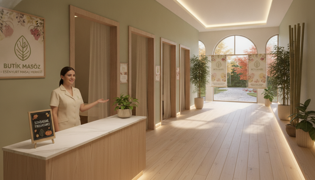 A serene spa center interior at Butik Masöz, featuring seasonal promotion displays. In the foreground, a calming reception desk with a friendly staff member in professional attire welcoming clients. The middle ground showcases elegantly arranged spa treatment rooms, adorned with soft ambient lighting, natural elements like plants, and plush decor that exudes relaxation. In the background, sunlit windows reveal a tranquil outdoor garden with spa-related seasonal promotional banners subtly placed. The lighting is soft and warm, creating a soothing atmosphere conducive to wellness. The overall mood conveys a sense of calm, luxury, and seasonal rejuvenation, inviting visitors to experience the seasonal campaigns at the Esenyurt massage center.