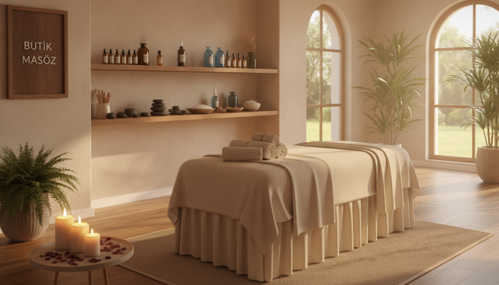 A serene spa environment featuring a beautifully arranged treatment room with soothing earth tones. In the foreground, a well-decorated massage table adorned with soft, clean linens and aromatherapy candles, creating a tranquil atmosphere. The middle ground includes an elegant display of essential oils and massage tools on a sleek wooden shelf, emphasizing professionalism and care. In the background, large windows allow warm natural light to filter in, illuminating the space, while green plants add a touch of freshness. In the corner, a tasteful sign displaying the brand name "Butik Masöz" enhances the setting. The overall mood is calming and inviting, ideal for illustrating the online research theme related to spa services.
