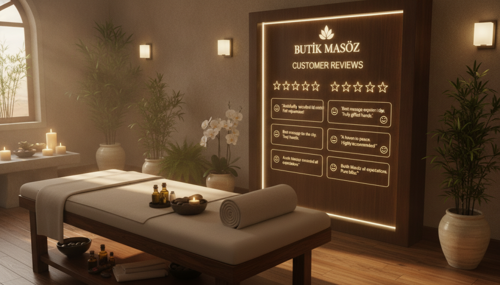 A serene spa environment featuring a collection of customer reviews and ratings related to massage services, specifically highlighting "Butik Masöz". In the foreground, a luxurious massage table adorned with soft towels and essential oils, hinting at relaxation. In the middle ground, an elegantly designed review display board with various star ratings, showcasing positive and insightful feedback. The background is a tranquil spa setting, with soothing lighting, gentle candles, and plants, creating a peaceful atmosphere. The scene conveys a sense of calm and satisfaction, inviting viewers to appreciate the quality of massage services. Soft natural light filters through a window, casting warm, inviting shadows. The angle is slightly elevated to provide a comprehensive view of the spa space while emphasizing the review board.