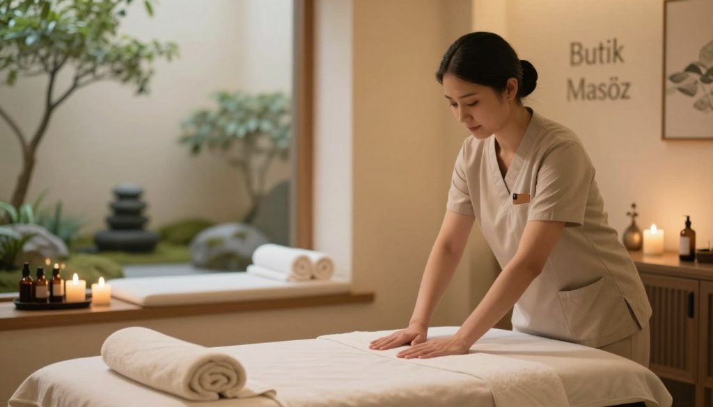 A serene spa environment featuring a comfortable massage room with calming light tones. In the foreground, a professional massage therapist, dressed in smart casual attire, is attentively preparing a massage table, exuding a sense of expertise and relaxation. The middle ground includes soothing elements like essential oils, soft towels, and ambient candles, all reflecting a tranquil atmosphere. The background shows soft, blurred images of a zen garden and gentle greenery, enhancing the peaceful mood. The lighting is warm and inviting, casting a gentle glow throughout the space. The brand name "Butik Masöz" is subtly integrated into the setting without any text overlay, embodying a professional yet inviting spa image that aligns with the evaluation of massage therapist profiles.