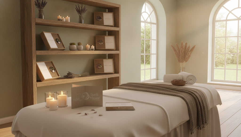 A serene spa environment featuring a luxurious massage therapy room. In the foreground, a plush massage table is adorned with soft white linens and scented candles, creating a tranquil atmosphere. The middle ground showcases a decorative shelving unit displaying spa packages, each elegantly presented with natural elements like stones and plants, emphasizing the benefits of bundled services. In the background, large windows allow soft, warm natural light to filter in, enhancing the inviting ambiance. The overall mood is calm and soothing, ideal for promoting relaxation. The design subtly incorporates the brand name "Butik Masöz" on a stylish brochure displayed on the table, reinforcing professionalism without any distracting text or overlays.