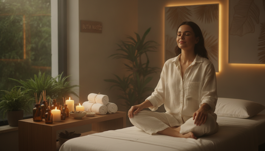A serene spa environment showcasing a massage therapy room at "Butik Masöz" in Kartal. In the foreground, a satisfied customer, dressed in modest casual clothing, sits comfortably on a treatment table, expressing relaxation and contentment. The middle ground features a beautiful arrangement of essential oils, calming candles, and soft towels, creating a welcoming atmosphere. The background includes a peaceful view of green plants and softly lit wall decor, enhancing the tranquil vibe. Use warm, soft lighting to evoke a sense of comfort and relaxation, with a slight focus on the customer’s peaceful expression. The angle is slightly elevated to capture the ambiance and details, perfect for illustrating the importance of customer reviews in therapeutic massage experiences.