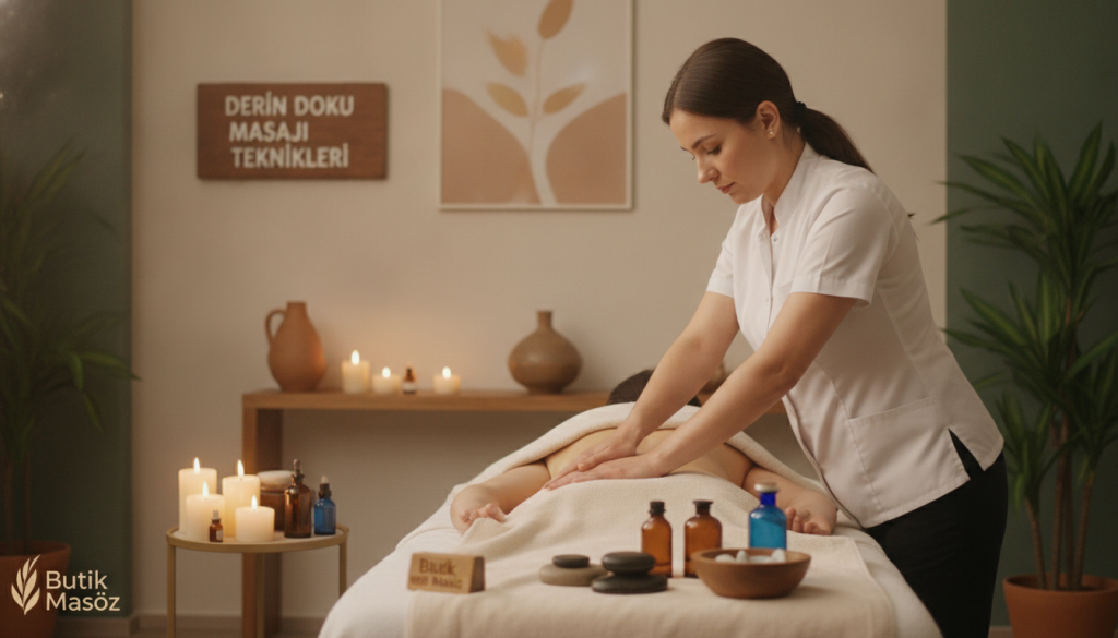 A serene spa environment showcasing "derin doku masajı teknikleri". In the foreground, a professional massage therapist, dressed in a stylish yet modest uniform, gently works on a client’s back using deep tissue techniques. The therapist’s hands are focused and precise, conveying a sense of expertise. In the middle, the massage table, draped with soft linens, is surrounded by calming elements like aromatic candles and essential oil bottles, enhancing the atmosphere. The background features soft, diffused lighting, creating a warm and inviting space, with greenery and soothing artwork on the walls. The overall mood is tranquil and healing, representing the essence of professional massage therapy. Brand logo "Butik Masöz" subtly incorporated into the scene.
