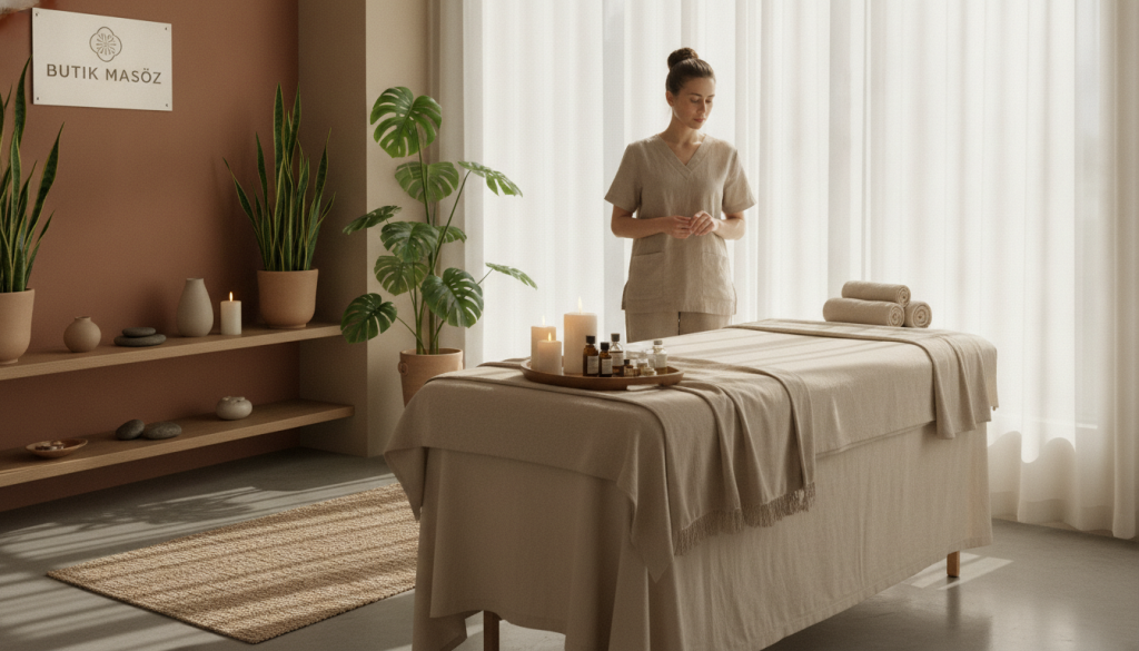 A serene spa interior of "Butik Masöz", showcasing professional massage services. In the foreground, a tranquil massage table adorned with soft, natural fabrics, surrounded by aromatic candles and soothing essential oils. The middle section features a skilled therapist in modest, professional attire preparing for a session, with a calming demeanor and focused expression. Soft, diffused light filters through sheer curtains, casting gentle shadows that enhance the peaceful ambiance. In the background, lush green plants and minimalist decor create a harmonious atmosphere, while muted earth tones add warmth. Capture the essence of relaxation and rejuvenation, emphasizing a clean, inviting space that embodies wellness and tranquility.