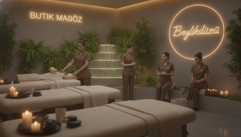 A serene spa interior showcasing "Butik Masöz," featuring an elegant massage salon. In the foreground, plush massage tables with soft, neutral linens, surrounded by calming elements like aromatic candles and soothing stones. In the middle ground, skilled massage therapists in professional attire, attentively preparing the space and offering personalized consultations to clients, highlighting a welcoming atmosphere. The background presents calming water features and relaxing greenery, with dim, warm lighting creating a tranquil ambiance. A soft-focus lens captures the serene environment, inviting viewers to experience the harmony and balance that "Beylikdüzü" spa has to offer. The overall mood conveys relaxation, professionalism, and luxury.