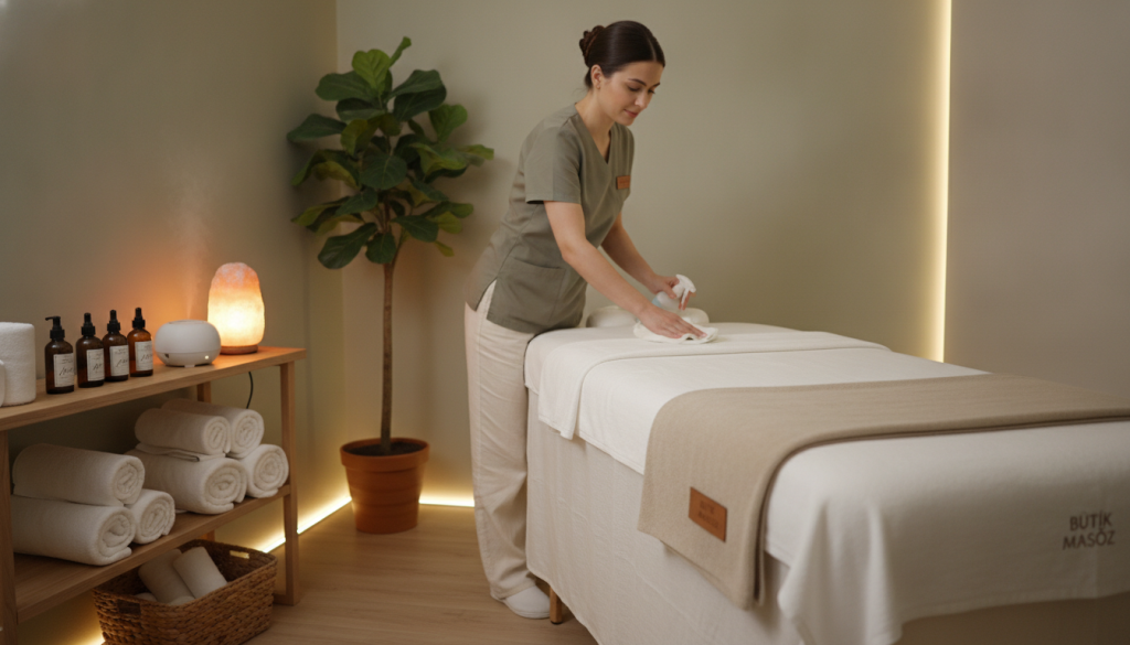 A serene spa salon environment emphasizing hygiene standards, with elegant decor and soft lighting. In the foreground, a well-organized treatment room featuring a massage table draped in clean linens, surrounded by neatly arranged towels and essential oils. In the middle, a professional therapist in modest casual attire is preparing the space, ensuring everything is sanitized and orderly. The background showcases calming elements like indoor plants and ambient lighting, creating a tranquil atmosphere. The overall mood is peaceful and inviting, encouraging relaxation and trust in hygiene practices. Include subtle branding elements that suggest "Butik Masöz," reflecting quality and care in spa services. Capture this scene with a soft focus lens effect to enhance the serene vibe.