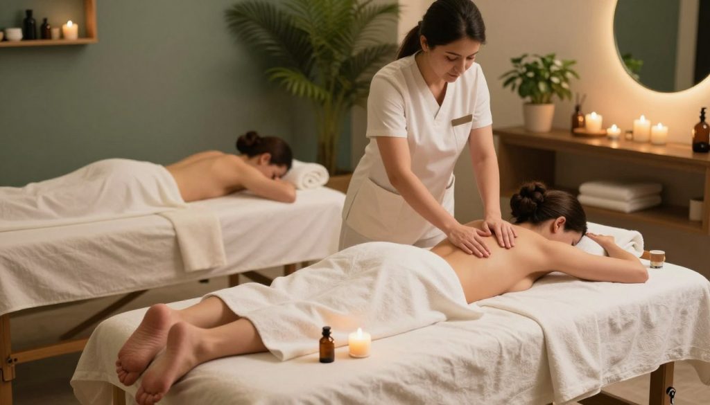 A serene spa setting in Ataşehir, showcasing a variety of massage options offered by Butik Masöz. In the foreground, a comfortable massage table with clean, soft linens, aromatic candles, and soothing essential oils. The middle ground features a skilled massage therapist, dressed in professional attire, demonstrating a gentle technique on a client who is relaxed and fully clothed. The background includes a tranquil environment with calming colors, lush plants, and soft ambient lighting that creates a peaceful atmosphere. The composition is shot from a slightly elevated angle to capture the essence of relaxation and wellness, with warm tones that evoke a sense of comfort and tranquility, inviting readers to explore different types of massages and their benefits.