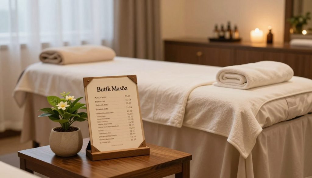 A serene spa setting in Istanbul, featuring elegant massage rooms with soft lighting and soothing decor. In the foreground, a small wooden table displays a menu with pricing options for various massage services offered by "Butik Masöz", beautifully arranged with a calming plant beside it. The middle layer captures a luxurious massage bed adorned with fresh towels and aromatherapy oils, while plush cushions are tastefully placed in the background. Soft, ambient light filters through sheer curtains, enhancing the tranquil atmosphere. A subtle hint of water sounds from a nearby fountain can be imagined. The scene aims to evoke a sense of relaxation and professionalism, perfect for understanding pricing structures in a spa context.