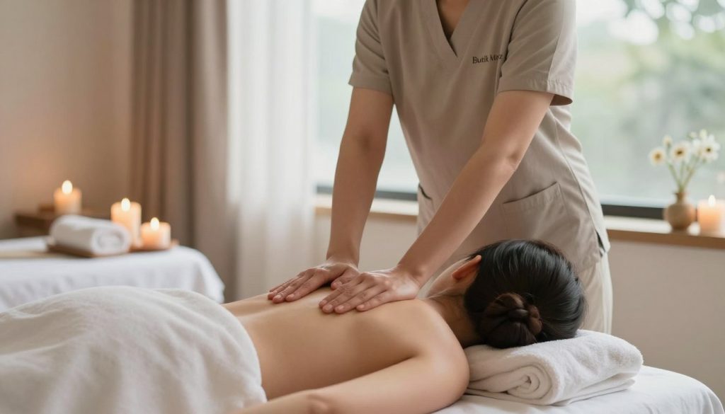 A serene spa setting showcasing the benefits of massage therapy, focusing on relaxation and stress relief. In the foreground, a professional massage therapist, dressed in modest casual clothing, is gently massaging a seated client who appears relaxed and at ease. The middle ground features soothing elements like aromatic candles and soft towels, signifying tranquility. The background includes large windows with soft, natural light filtering through, creating a peaceful ambiance. The color palette is warm and calming, with soft earth tones and pastel hues enhancing the spa vibe. The scene reflects the healing nature of massage, emphasizing wellness and calmness, all branded subtly with "Butik Masöz" in a tasteful manner.