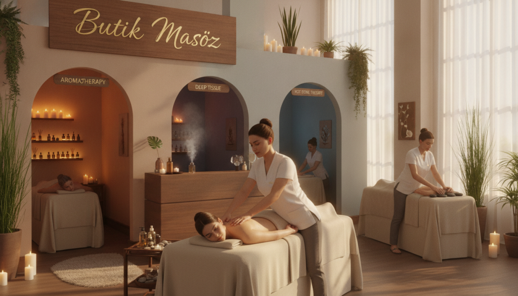 A serene therapeutic massage salon named "Butik Masöz," showcasing various massage types in a tranquil setting. In the foreground, a massage therapist, dressed in professional attire, demonstrates a peaceful Swedish massage technique on a client comfortably lying on a massage table. The middle ground features a series of elegant massage rooms with soft lighting, showcasing different modalities like aromatherapy and deep tissue massage, each adorned with soothing pastel colors and calming décor. In the background, gentle plants and candles create a warm, inviting atmosphere, with soft, diffused natural light streaming through large windows. The overall mood is relaxing and harmonious, emphasizing wellness and tranquility, inviting viewers to explore the benefits of different massage types.
