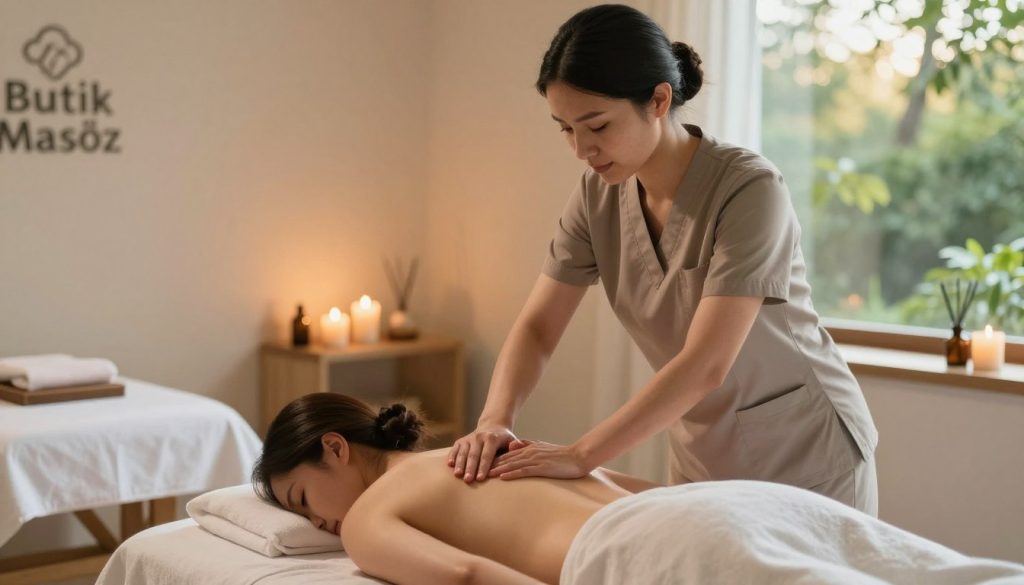 A serene therapeutic massage session showcasing the health benefits of professional massages. In the foreground, a skilled massage therapist in professional attire, gently performing a back massage on a client, who is dressed in comfortable, modest clothing. The therapist exhibits a focused and caring expression, emphasizing professionalism. In the middle ground, a softly lit massage room with calming colors, featuring candles and essential oil diffusers, creating a tranquil atmosphere. The background depicts a soothing nature scene visible through a window, with greenery and soft sunlight streaming in, enhancing relaxation. The overall mood is peaceful and rejuvenating, capturing the essence of health and wellness. Include the brand name "Butik Masöz" subtly in the decor, like a logo on a towel or wall art.