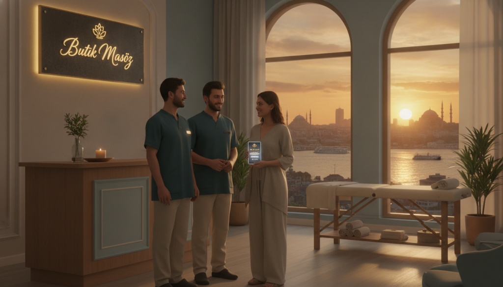 A serene urban scene depicting an elegant massage salon in Istanbul. In the foreground, a softly glowing reception area showcases a tasteful design with calming colors. Two professional staff members, dressed in modest, stylish uniforms, smile warmly at a guest holding a smartphone displaying positive reviews. In the middle ground, cozy treatment rooms are visible through frosted glass, adorned with tranquil decor. The background features the iconic skyline of Istanbul, bathed in the gentle light of sunset, casting a warm ambiance. The overall atmosphere is inviting and soothing, emphasizing the importance of customer reviews and references in choosing a quality service. The salon bears the elegant signage of "Butik Masöz," harmoniously integrated into the design.