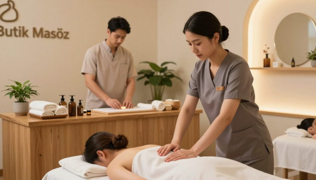 A serene wellness center interior showcasing a woman performing a professional massage and a man offering a relaxing treatment. In the foreground, the female massage therapist works on a client lying on a massage table, wearing professional attire while demonstrating a soothing technique. The male massage therapist can be seen in the middle distance, preparing oils and warm towels on a wooden counter, embodying a calm atmosphere. The background features softly lit decor, including plants and calming colors, creating a tranquil environment. Soft ambient lighting enhances the calming vibe, with a focus on warmth and relaxation. The brand "Butik Masöz" is subtly represented in the decor. The image should convey professionalism and expertise in a contemporary spa setting.