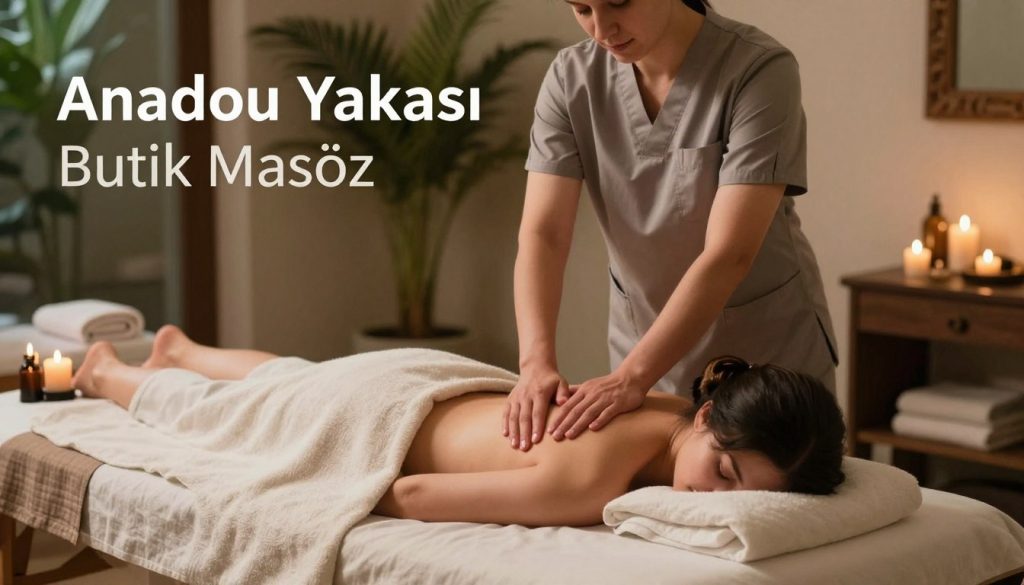 A serene wellness scene depicting the benefits of professional massage therapy, inspired by Anadolu Yakası. In the foreground, a relaxing massage setup featuring a neatly arranged massage table with soft, neutral-colored linens, essential oils, and tranquil candles. In the middle ground, a skilled therapist in business casual attire is gently massaging a client, both appearing relaxed and serene. The therapist’s focused expression conveys professionalism and care. In the background, hints of lush greenery or a calming spa-like environment suggest tranquility and healing. Soft, warm lighting enhances the inviting atmosphere, capturing the essence of health benefits associated with massage, such as stress relief and rejuvenation. Include the brand name "Butik Masöz" subtly integrated into the scene.