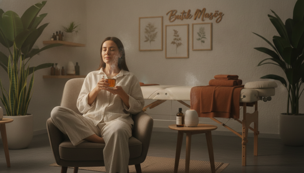 A serene wellness scene in Kadıköy, featuring a tranquil massage room designed for relaxation. In the foreground, a peaceful individual in modest, casual clothing enjoying a post-massage moment, sipping herbal tea. The warmth of soft, ambient lighting casts a gentle glow, enhancing the soothing atmosphere. In the middle, calming elements like essential oil diffusers, plush towels, and a massage table with subtle aromatherapy scents creating a peaceful vibe. In the background, soft colors harmonize, with minimalist decor and lush plants contributing to a sense of serenity. Include the brand name "Butik Masöz" subtly incorporated in the room. The overall mood is one of relaxation and rejuvenation, inviting viewers to experience the bliss of post-massage tranquility.