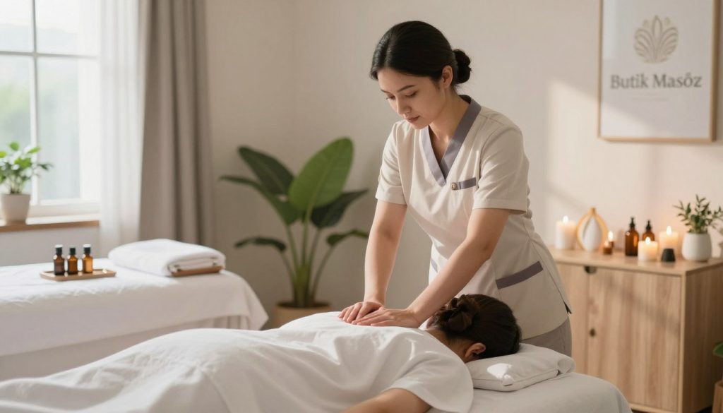A skilled massage therapist in a serene, well-lit massage studio, showcasing the advantages of being a licensed professional. The foreground features a focused therapist, dressed in professional attire, demonstrating a massage technique on a client, who is comfortably covered in clean linens. In the middle, a cozy treatment table with essential oils and soothing candles adds to the tranquil atmosphere. The background showcases calming decor, like soft colors and plants, enhancing the peaceful environment. Natural lighting pours in from a window, casting soft shadows that create a relaxing mood. The overall composition conveys professionalism, serenity, and the rewarding nature of the profession. Include the brand name "Butik Masöz" subtly integrated into the room decor, reinforcing the spa-like ambiance.