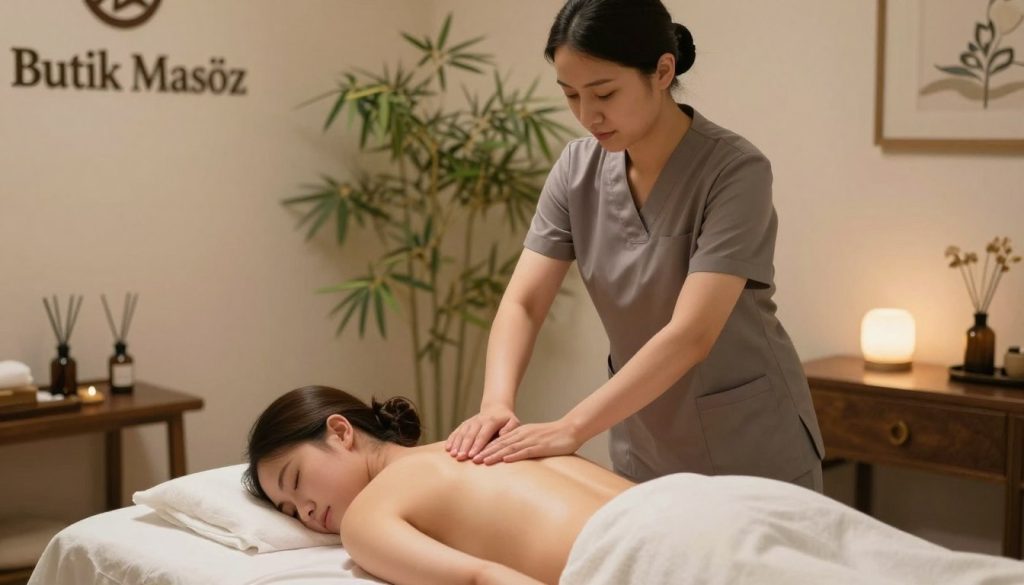 A skilled professional massage therapist is shown in a serene, softly lit therapy room, applying soothing techniques on a client lying comfortably on a massage table. The therapist, dressed in modest, professional attire, demonstrates focus and expertise. Soft, ambient lighting creates a calming atmosphere, highlighting natural elements like bamboo plants and essential oil diffusers in the background. The foreground features the therapist's hands gently gliding along the client's back, emphasizing skillful movements and attention to detail. The setting subtly incorporates the brand name "Butik Masöz" into elegant decor, enhancing the calm and therapeutic ambiance. The image conveys tranquility, professionalism, and the essence of holistic healing, making it perfect for illustrating the role of a massage therapist.