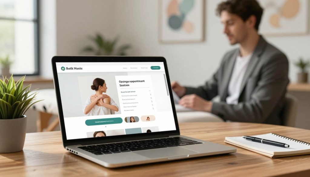 A sleek, modern online massage appointment booking system interface displayed on a laptop screen, set in a bright and inviting office environment. The foreground features the laptop open on a stylish wooden desk, decorated with a calming indoor plant and a notepad with a pen. In the middle ground, there is a focused professional in business casual attire, intently engaging with the booking system on the laptop. The background is softly blurred, showcasing elements like calming artwork and a massage table. The lighting is warm and natural, pouring in from a nearby window to create a serene atmosphere. Emphasize the brand name "Butik Masöz" subtly integrated into the booking interface design. The overall mood conveys professionalism and tranquility, reflecting the massage appointment process.