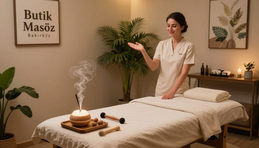 A stylish and inviting scene depicting the interior of a massage salon representing "Butik Masöz" in Bakırköy. In the foreground, showcase a comfortable massage table adorned with soft linens, a calming essential oil diffuser exuding a gentle mist, and an array of professional massage tools neatly arranged. In the middle, include a friendly, professional masseuse dressed in modest, professional clothing, demonstrating a welcoming pose while preparing for a session. The background features soothing decor with warm, ambient lighting, lush green plants, and serene artwork on the walls to create a tranquil atmosphere. Capture the image from a slightly elevated angle to emphasize the peaceful environment, evoking a sense of relaxation and well-being.