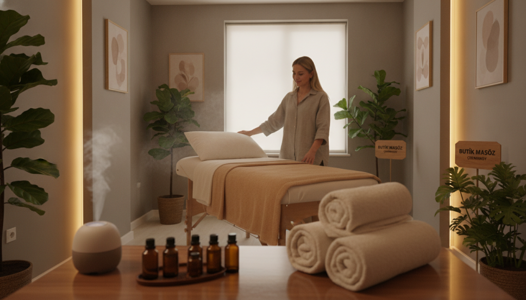 A tranquil indoor massage therapy room at Butik Masöz in Çekmeköy, featuring a comfortable massage table surrounded by soft, neutral-toned decor. The foreground showcases a neatly arranged table with aromatic essential oils and plush towels. In the middle, a professional therapist in modest casual clothing is preparing for a session, exuding calm and warmth. Gentle, diffused lighting casts a soothing glow over the space, enhancing the feeling of relaxation. The background reveals potted plants and serene artwork, creating an inviting atmosphere. The overall mood is peaceful and restorative, capturing the essence of a relaxing massage therapy session and the benefits of making an appointment.