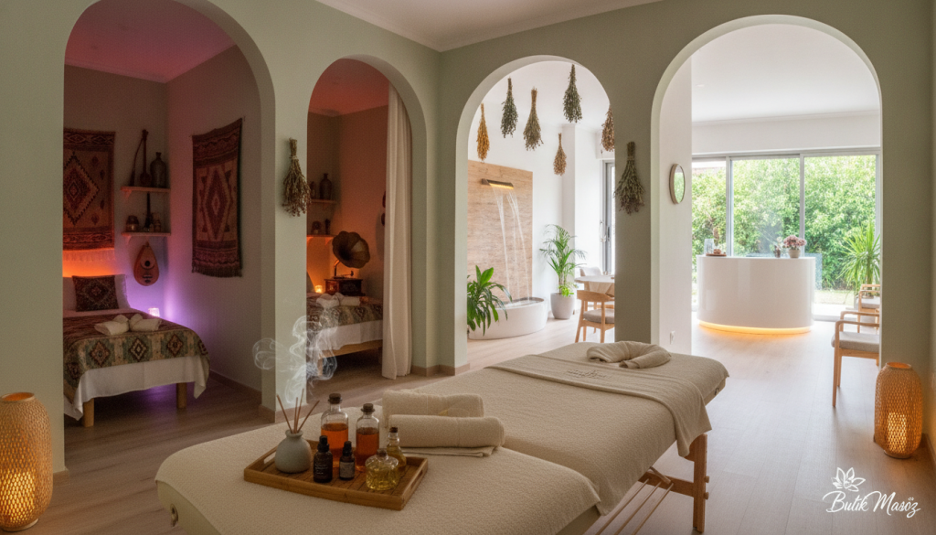 A tranquil spa and massage salon setting, featuring a variety of massage therapy rooms. In the foreground, a serene massage table adorned with fresh towels and calming essential oils. In the middle, different types of therapy rooms: one with a soothing ambiance of soft, dim lighting and ethnic decor, another featuring modern aesthetics with large windows allowing natural light to flood in. Some rooms are equipped with herbal arrangements and soft music playing. The background showcases a reception area with a stylish desk and calming water features. Ambient lighting creates a relaxed atmosphere, with colors like soft greens and warm beiges dominating the palette. The brand name "Butik Masöz" is subtly included in the design, reflecting a professional and welcoming vibe.