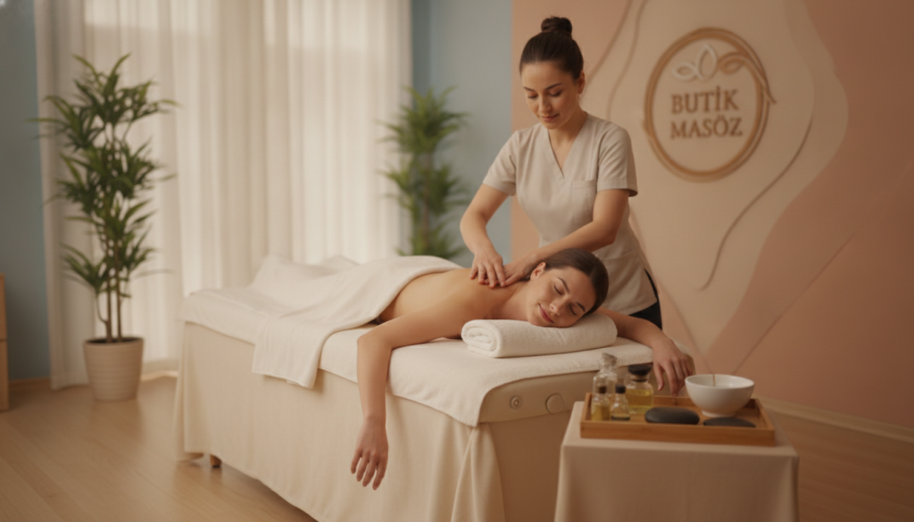 A tranquil spa scene highlighting the benefits of professional massage therapy. In the foreground, a serene massage table with soft linens and calming oils arranged neatly. In the middle ground, a professional masseuse in modest, professional attire demonstrating a soothing massage technique on a client, who is relaxed and comfortable. The background features gentle, ambient lighting, with soft green plants and calming, pastel-colored walls, creating a peaceful atmosphere. Utilize a soft-focus lens effect to enhance the relaxing mood. The brand name "Butik Masöz" is subtly integrated into the decor, emphasizing a high-quality massage service experience. The overall composition conveys relaxation, wellness, and tranquility, ideal for showcasing the benefits of various massage types.