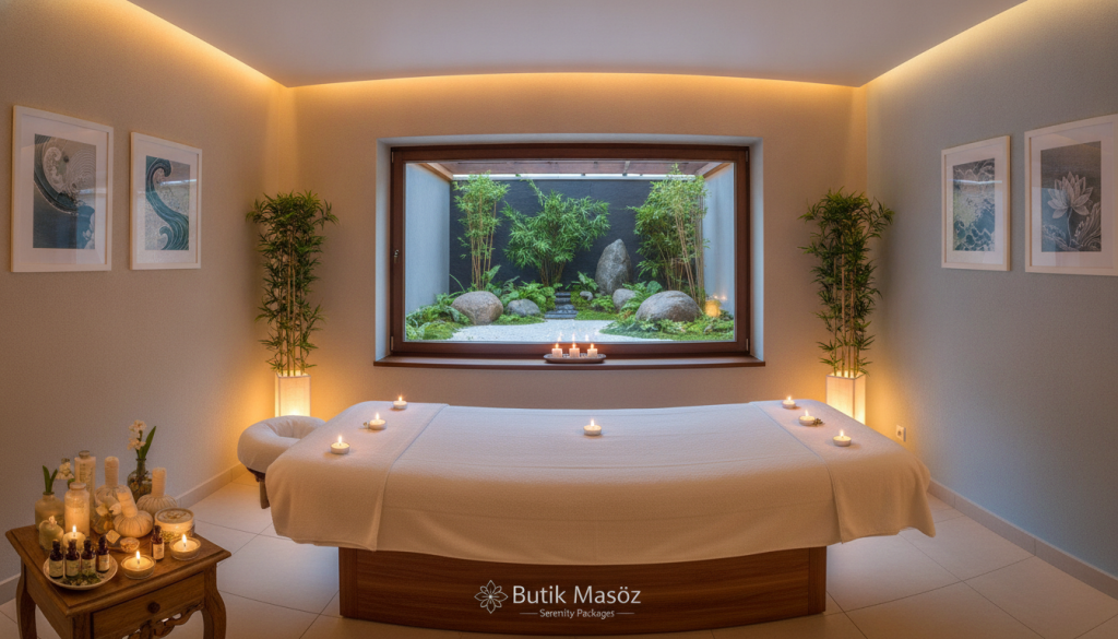 A tranquil spa setting featuring an inviting massage treatment room designed by "Butik Masöz". In the foreground, a massage table is adorned with soft, white linens and aromatic candles, creating a serene atmosphere. On a nearby table, a detailed arrangement of various spa therapy packages, including essential oils, herbal compresses, and natural lotions, showcases the diverse services offered. The middle ground depicts a soft, warm lighting that enhances the calming colors of the room, with bamboo plants and calming artwork on the walls. In the background, a window reveals an outdoor zen garden, filled with lush greenery. The overall mood is peaceful and rejuvenating, inviting relaxation and self-care experiences. Use a wide-angle lens to capture the spaciousness and soothing ambiance of the spa.