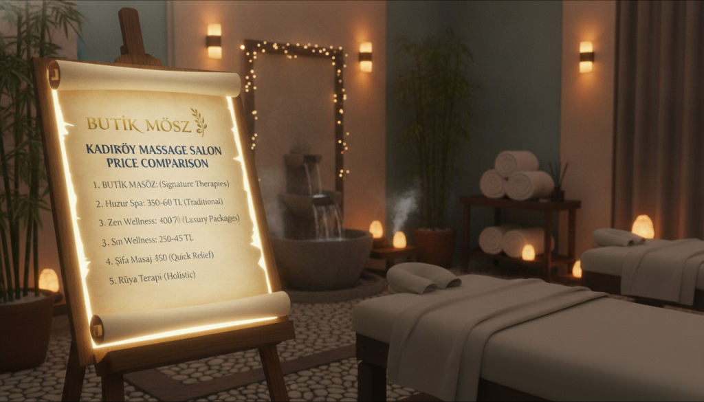 A visually appealing and informative comparison image illustrating "Kadıköy massage salon price comparison." In the foreground, display an elegant chart或list, highlighting various massage salons in Kadıköy, with a focus on their price ranges in a clear, concise format. Include the brand name "Butik Masöz" prominently but tastefully. In the middle background, depict a serene spa environment with tasteful décor, soft lighting, and soothing colors to convey relaxation. The lighting should be warm and inviting, reminiscent of a tranquil spa atmosphere. The angle should be slightly elevated to capture the entire layout of the chart while ensuring a calm ambiance, encouraging a sense of mindful decision-making for potential customers. The overall mood should evoke a sense of peace and professionalism.