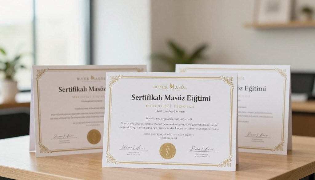 A well-organized and aesthetically pleasing image of a collection of "certificates of massage therapy" prominently displayed in a professional setting. In the foreground, focus on a beautifully designed certificate with elegant fonts, displaying the title "Sertifikalı Masöz Eğitimi" and the logo of "Butik Masöz". The middle ground features additional certificates arranged in a neat stack, hinting at qualifications and professionalism. In the background, a softly blurred office space with natural light streaming through large windows creates a calming atmosphere. The lighting should be soft and warm, evoking a sense of trust and comfort, while the overall composition ensures a sharp focus on the certificates, signifying expertise in selecting the right massage therapist.