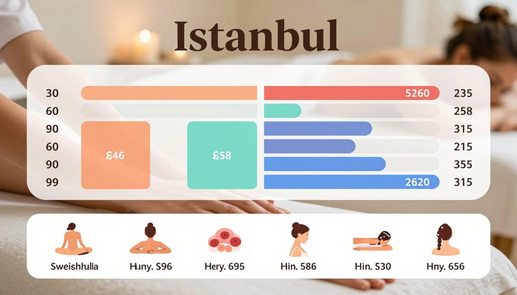 A well-organized infographic showcasing a comparison of massage session prices in Istanbul, focusing on the relationship between duration and price. In the foreground, include illustrated icons of various massage types (e.g., Swedish, deep tissue) and their respective hourly rates, presented in a modern and clean design. In the middle, arrange a stylish price comparison chart with clear bars representing different durations (30, 60, 90 minutes) and corresponding prices, using a harmonious color palette. The background could feature a serene spa environment with soft lighting, evoking relaxation and tranquility. The overall mood should be professional and inviting, suitable for readers considering massage options at Butik Masöz. Ensure that all graphic elements are cohesive and visually appealing, maintaining clarity and focus.