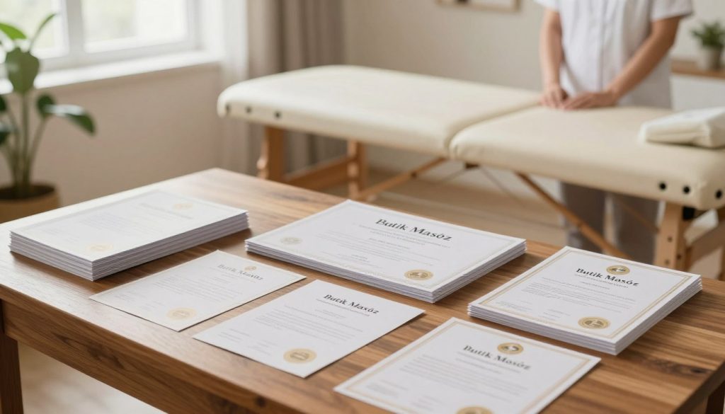 An artistic display of a massage therapy expert’s certifications and training documents, elegantly arranged on a polished wooden desk. The foreground features neatly stacked professional certificates, each distinctly visible, showcasing the name "Butik Masöz." In the middle, a calming and organized workspace includes a soft, plush massage table and a serene indoor plant, adding a touch of tranquility. The background is softly blurred, highlighting a warm, inviting room illuminated by natural light filtering through a window. The angle is slightly overhead, creating a sense of openness. The overall mood is professional yet soothing, reflecting the importance of trust and expertise in selecting a massage therapist.