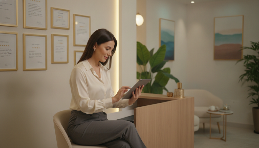 An elegant review scene from a massage salon, featuring a well-designed reception area of "Butik Masöz" in Bahçeşehir. In the foreground, a professional woman in modest business attire sits at a sleek desk, thoughtfully looking at customer reviews on a tablet. In the middle ground, various framed customer testimonials in soft focus hang on the walls, showcasing positive feedback. The background features soft ambient lighting, with calming colors and decor, like plants and soothing art pieces, creating a serene atmosphere. The image captures a warm, inviting mood, highlighting the trust and satisfaction of clients in this massage salon environment.