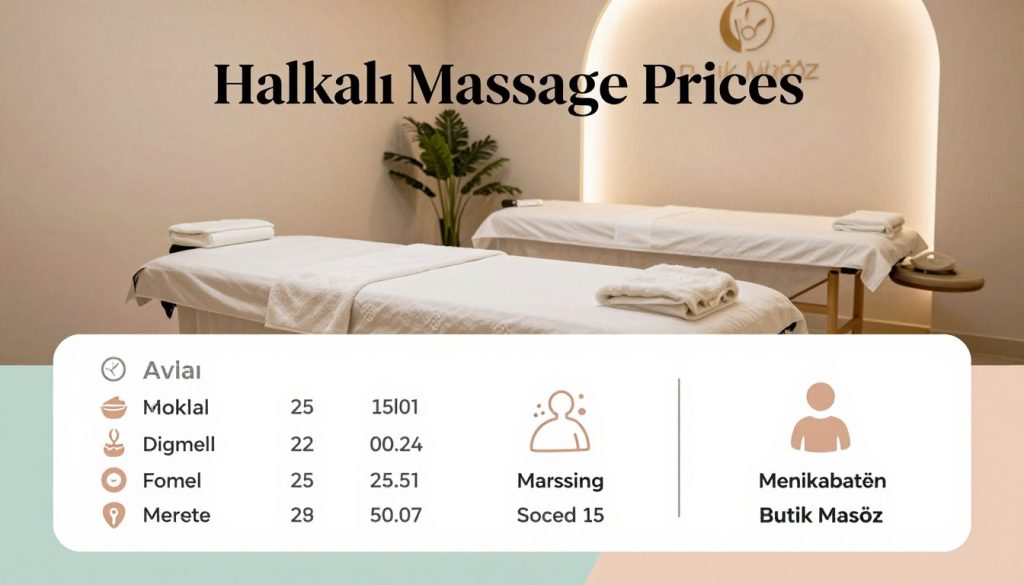 An informative and visually engaging comparison graphic for "Halkalı Massage Prices" is displayed. In the foreground, a well-organized chart or infographic shows different massage services ranging from classic to therapeutic, illustrated with icons representing each type. The middle layer features a sleek, professional setting with a calm massage therapy room, including soft lighting, elegant decor, and a massage table prepared with fresh linens, suggesting a serene atmosphere. The background includes muted pastel colors, creating an inviting ambiance. The brand name "Butik Masöz" is elegantly integrated into the design, reflecting quality and professionalism. The overall mood is tranquil and informative, aimed at providing clarity on pricing and service options, appealing to potential clients seeking massage therapy.