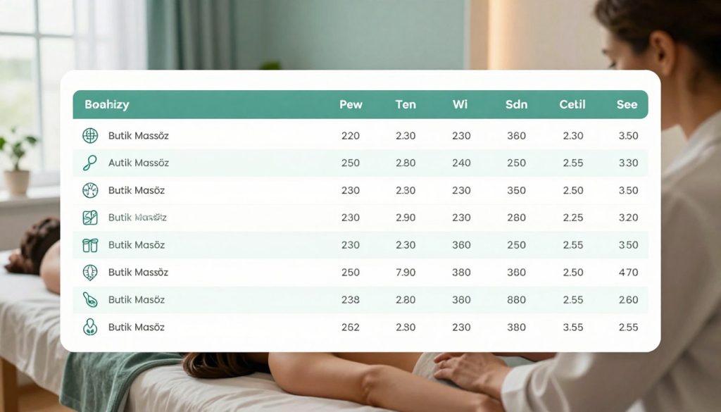 Ataköy massage price comparison table, featuring neatly organized rows and columns illustrating various massage services and their respective prices. The foreground should focus on a stylish, modern table design with a clean layout, showcasing professional data presentation. The middle layer can include subtle icons representing different types of massages, such as Swedish, deep tissue, and aromatherapy, each accompanied by their prices. The background should be a softly lit spa environment, with soothing colors like light greens and soft blues, evoking a relaxing atmosphere. Use natural light from the window to create a warm ambiance. Ensure any human figures, if present, are dressed in professional business attire, depicting them analyzing the table. Include the brand name "Butik Masöz" subtly integrated within the table design.