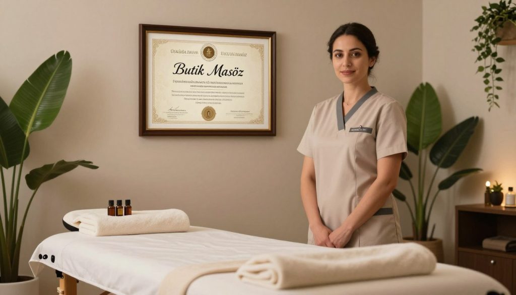 Create an image showcasing a professional massage therapist profile for "Üsküdar bayan masöz" named "Butik Masöz". In the foreground, depict a serene and inviting massage therapy room with a massage table, soft towels, and essential oils displayed. In the middle ground, include a framed certificate on the wall highlighting the therapist's qualifications and experience, featuring elegant calligraphy. In the background, soft ambient lighting creates a calming atmosphere, while lush plants add a touch of nature. Use a warm color palette to evoke tranquility and professionalism. The therapist in the image should be depicted in modest, professional attire, standing confidently beside the certificate, ready to welcome clients. Aim for a soft focus lens effect to enhance the comforting ambiance.
