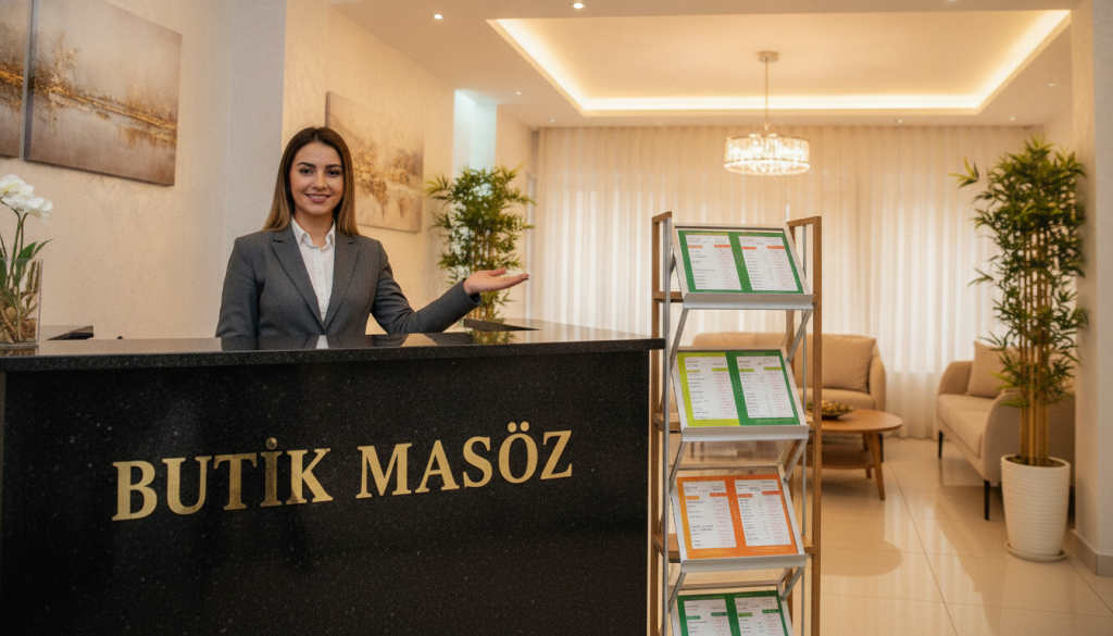 Create an image that showcases a professional and inviting massage salon, emphasizing a price comparison theme. In the foreground, include a sleek, modern reception desk labeled "Butik Masöz" with a customer service representative in smart attire, welcoming clients. In the middle, display a well-organized brochure stand featuring colorful price lists for various massage services, clearly visible but without any text. The background should feature soft lighting that creates a calm atmosphere, with serene decor such as bamboo plants and soothing artwork. Use a wide-angle lens to capture the entire space, accentuating the warm and relaxing ambiance, conveying trustworthiness and professionalism in the massage therapy industry. The overall mood should be peaceful and reassuring, ideal for those considering a massage service.