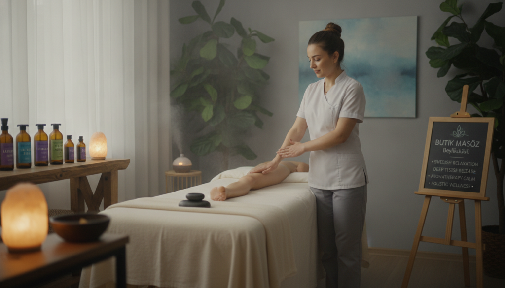 Create an inviting and serene image that showcases the various types of massage therapy offered by "Butik Masöz" in Beylikdüzü, highlighting their benefits. In the foreground, illustrate a well-equipped and relaxing massage room with soft, ambient lighting, essential oils on a nearby shelf, and a massage table adorned with fresh linens. In the middle, depict a professional therapist in modest, professional attire preparing for a massage, demonstrating techniques that reflect different massage styles, such as Swedish, deep tissue, and aromatherapy. In the background, include subtle elements like plants and calming artwork, enhancing the tranquil atmosphere. The overall mood should evoke relaxation and wellness, inviting viewers to explore the therapeutic benefits.