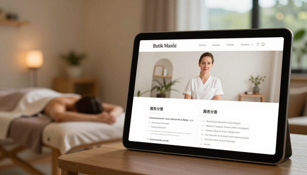 Generate a detailed image of a professional massage therapist's profile page, emphasizing key details that showcase expertise. In the foreground, display a tablet or computer screen showing the profile with sections like qualifications, services offered, and testimonials in a clean layout. The middle ground should include a relaxing massage room with calming decor—soft lighting, serene colors, and comfortable massage equipment. The background can feature a subtle hint of a soothing landscape through a window, such as gentle greenery, enhancing the tranquil atmosphere. The lighting should be warm and inviting, reminiscent of a spa environment. Convey a sense of professionalism and trust, ideal for an audience seeking massage therapy services. Include the brand name "Butik Masöz" at a discreet corner of the profile screen.