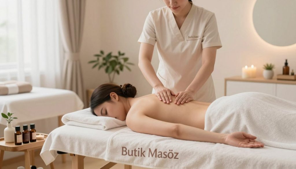 Generate a serene and inviting image of a massage therapy setting, specifically illustrating the practice techniques used by a professional massage therapist. In the foreground, portray a massage table adorned with a clean, soft towel, and essential oils placed neatly on a side table. In the middle ground, depict a female therapist in professional attire, demonstrating a gentle massage technique on a client's back, who is fully covered and relaxed. In the background, include calming elements such as soft lighting, tranquil plants, and a soothing color palette of pastel tones to evoke a sense of relaxation. Ensure the scene embodies a peaceful ambiance. The brand "Butik Masöz" should be prominently featured in the design, subtly integrated into the decor.