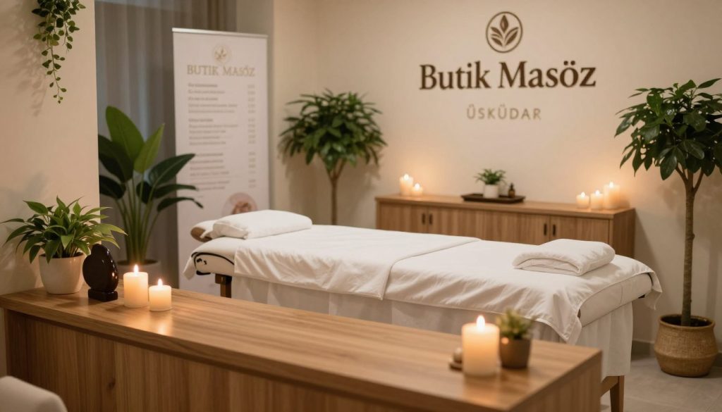 Generate an inviting and tranquil scene depicting a massage salon named "Butik Masöz" in Üsküdar. In the foreground, showcase a welcoming reception area with a warm wooden desk and soft, ambient lighting. The middle layer should feature a serene massage room, complete with a massage table adorned with fresh, white linens and soft candles flickering nearby, creating a calming atmosphere. In the background, include a glimpse of a treatment menu elegantly displayed on a wall, surrounded by lush indoor plants that enhance the spa-like vibe. The image should convey relaxation and professionalism, using soft, soothing colors and gentle lighting to evoke a peaceful mood. Aim for a high-quality, photographic style with a focus on depth and clarity.
